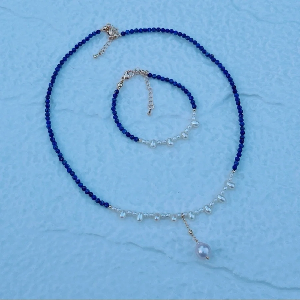 AM69 Handmade Freshwater Baroque Pearl Lapis Necklace Bracelet Set - Picture 5 of 8